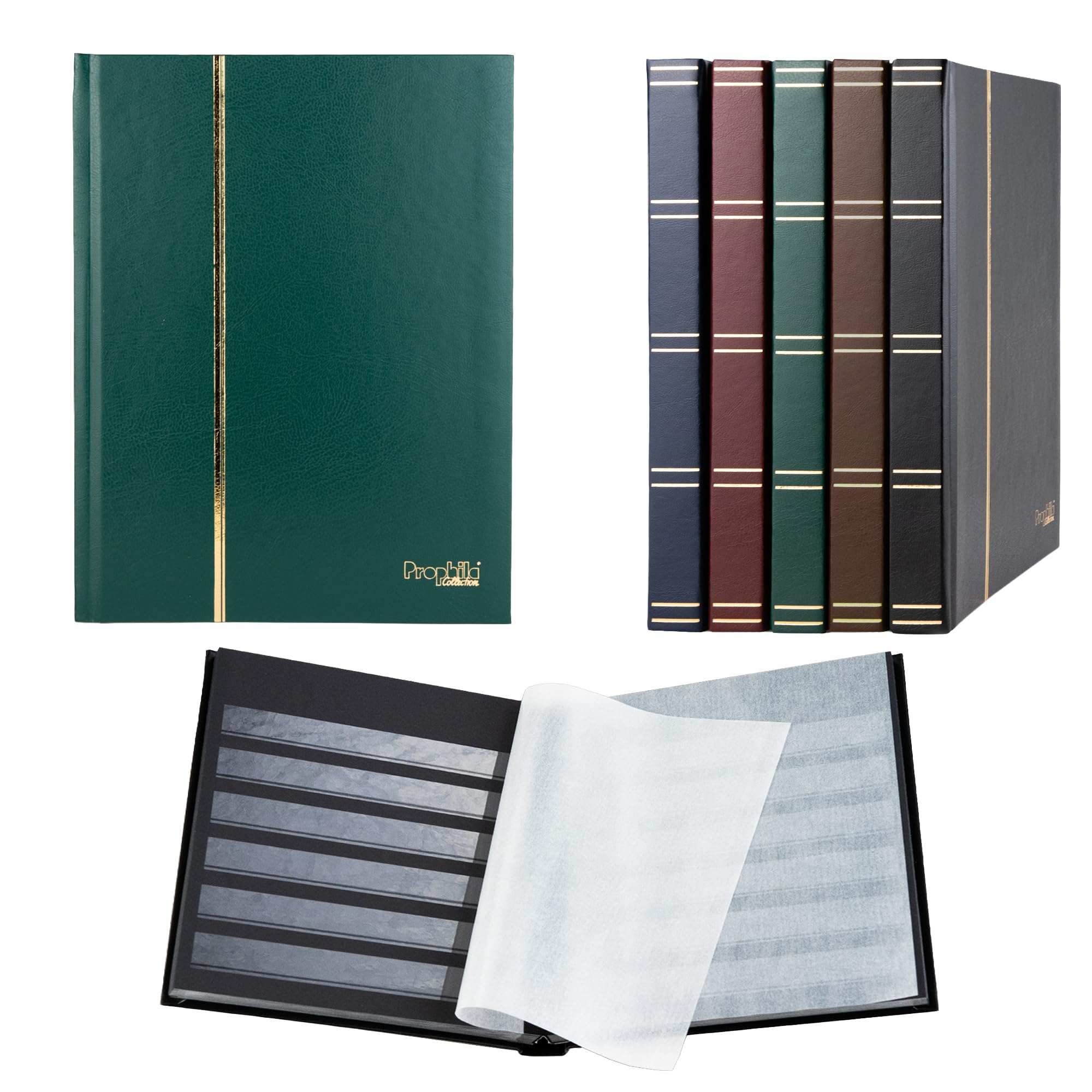 Prophila stamp album (small), 32 black sides, padded green cover