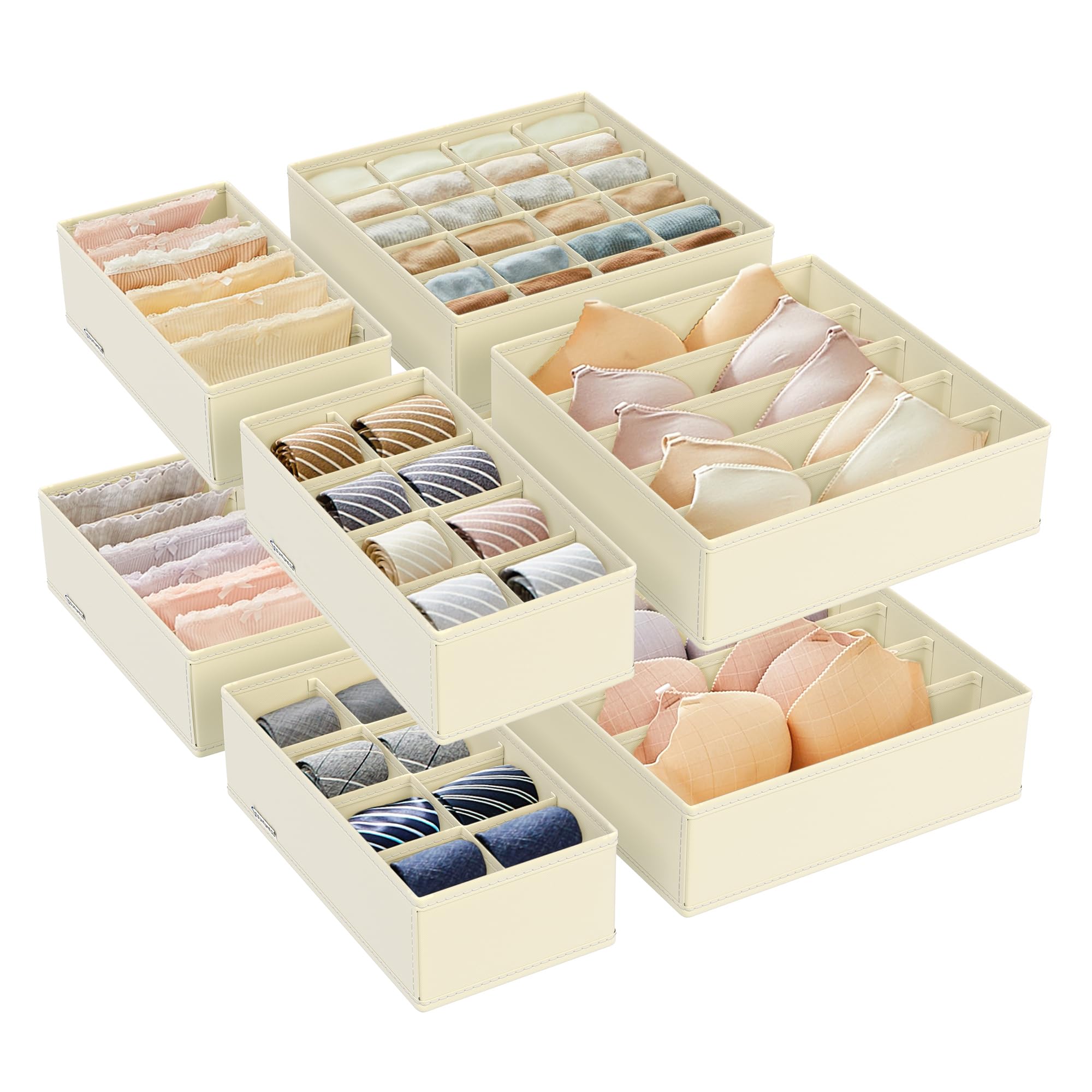 SONGMICS Set of 8 Underwear Drawer Organisers, Drawer Dividers, Foldable, for Bras Undies Socks Ties, Fabric Storage Boxes for Closet Wardrobe Shelves, Sand Beige RUS008M01