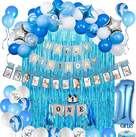 Amazon Com Joyypop 1st Birthday Boy Decorations 66pcs Blue 1st Birthday Decorations For Boy With 12 Months Photo Banner 1st Birthday Baby Crown One Cake Topper 1st Birthday Highchair Banner Toys Games