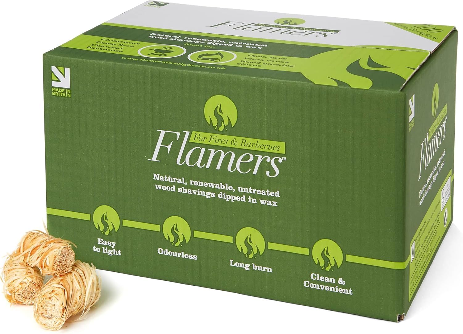 Flamers Firelighters - 200 Units Natural Fire Lighters for Wood Burner Firepit Bbq Pizza Oven Fireplace Chimenea Barbecue Fire Starter - Firestarter for Kiln Dried Kindling Log Coal Charcoal Briquette — image 1