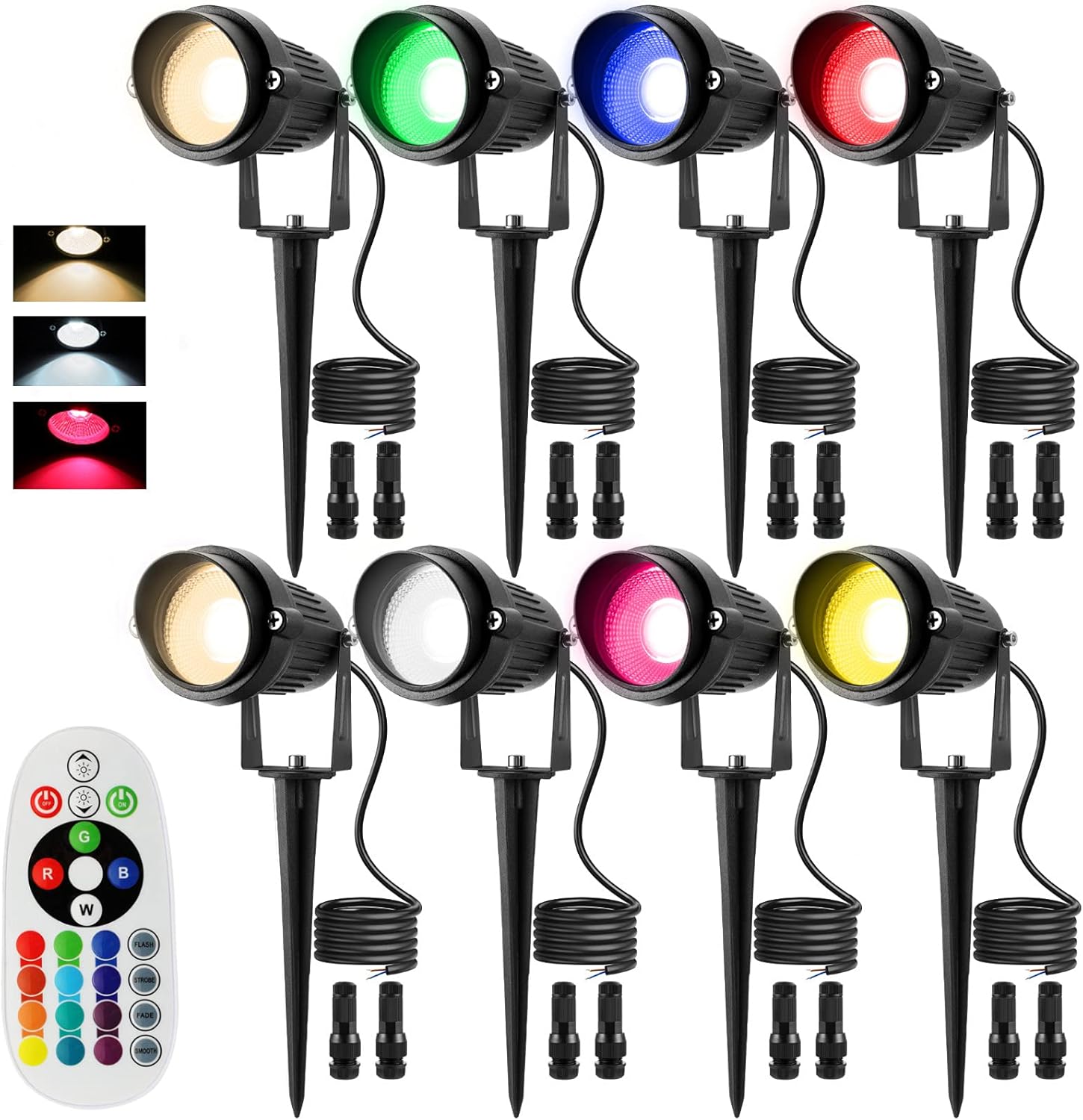 RGB and Warm White Remote Control Color Change Landscape Lighting 8W RGBW LED Low Voltage Landscape Lights 12V-24V IP66 Waterproof for Outdoor Yard Garden(8Pack with Fastlock Connectors)
