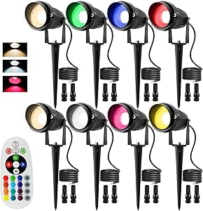 RGB and Warm White Remote Control Color Change Landscape Lighting 8W RGBW LED Low Voltage Landscape Lights 12V-24V IP66 Waterproof for Outdoor Yard Garden(8Pack with Fastlock Connectors)