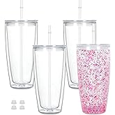 Maucircol 24 Oz Acrylic Snowglobe Tumbler, 4 Pack Pre-Drilled Double Wall Plastic Snowglobe Cup for Glitter Snow Globe DIY