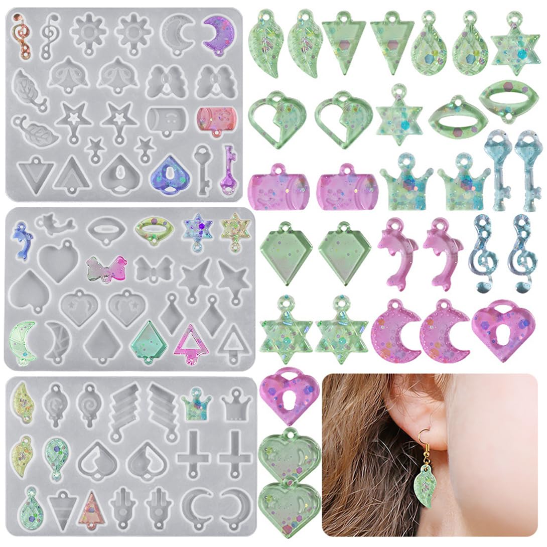 Koonafy 3Pcs Resin Jewelry Molds, Earring Resin Silicone Mold with Hanging Hole, Moon Crown Diamonds Heart Jewelry Epoxy Resin Casting Mold for DIY Keychain Necklace Bracelet Decor