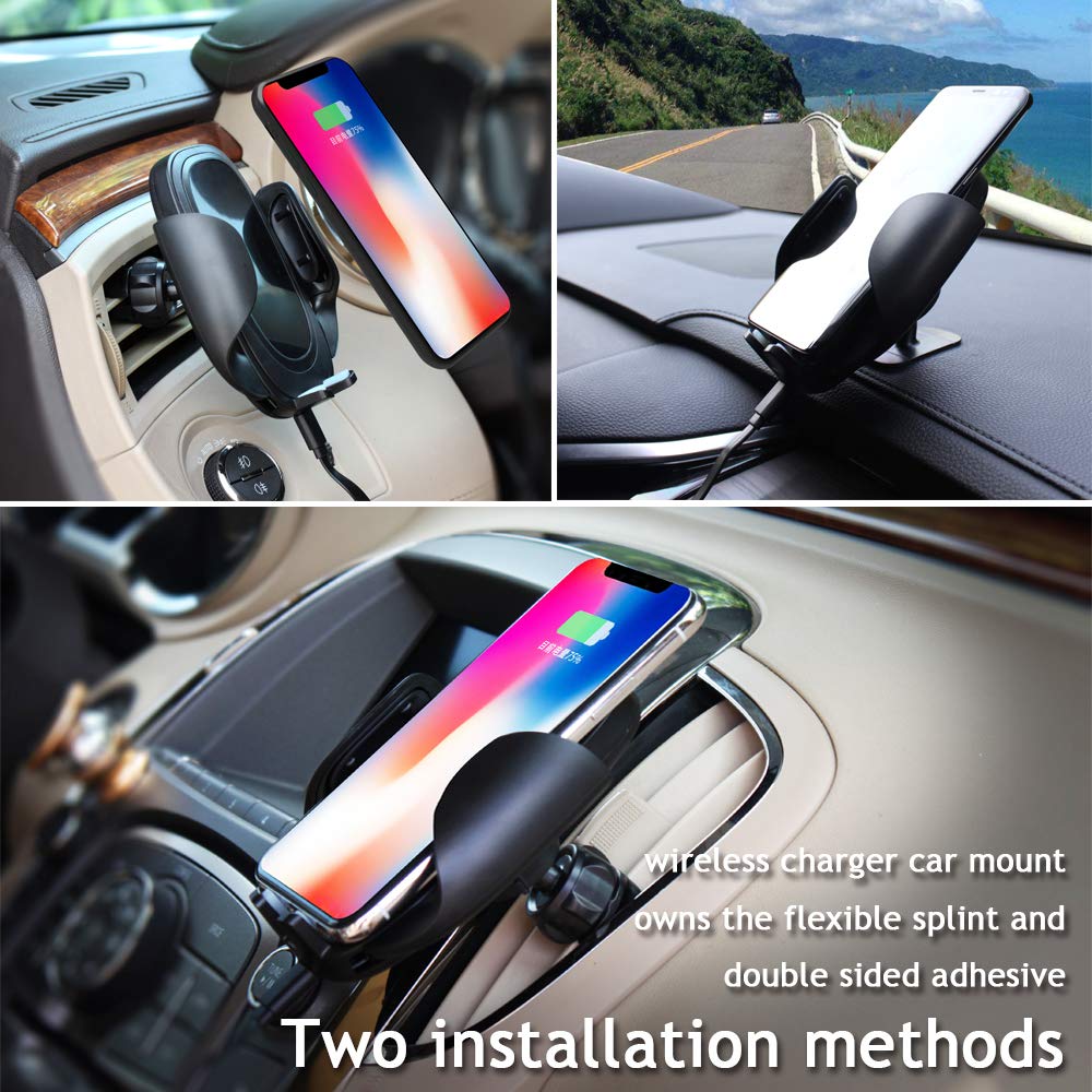 UCMDA Chargeur sans Fil Rapide Voiture, 10W Qi Support Téléphone Voiture Chargeur Auto sans Fil à Induction Réglable pour iPhone XS/XS Max/XR/X/8P/8, Galaxy S9/S9 Plus/S8/S8plus/S7/S7 Edge etc- Noir