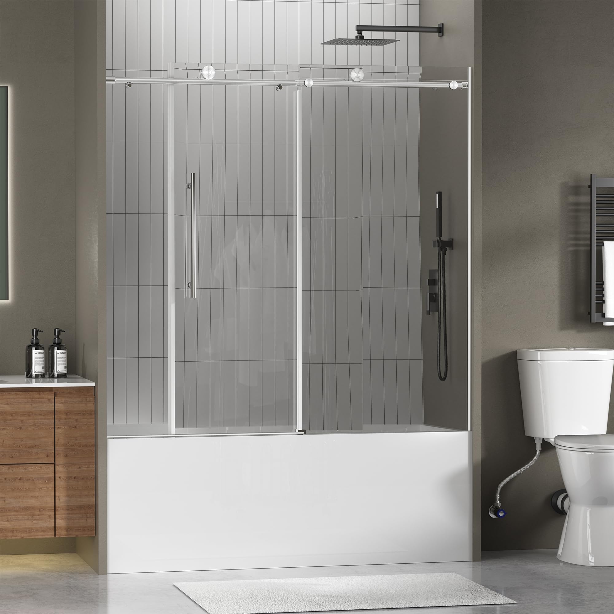 Photo 1 of Findepot Frameless Bathtub Shower Doors 56-60" Width x 59" Height with 5/16" (8mm) Clear Tempered Glass,Silent Soft-Close Design,Brushed Nickel