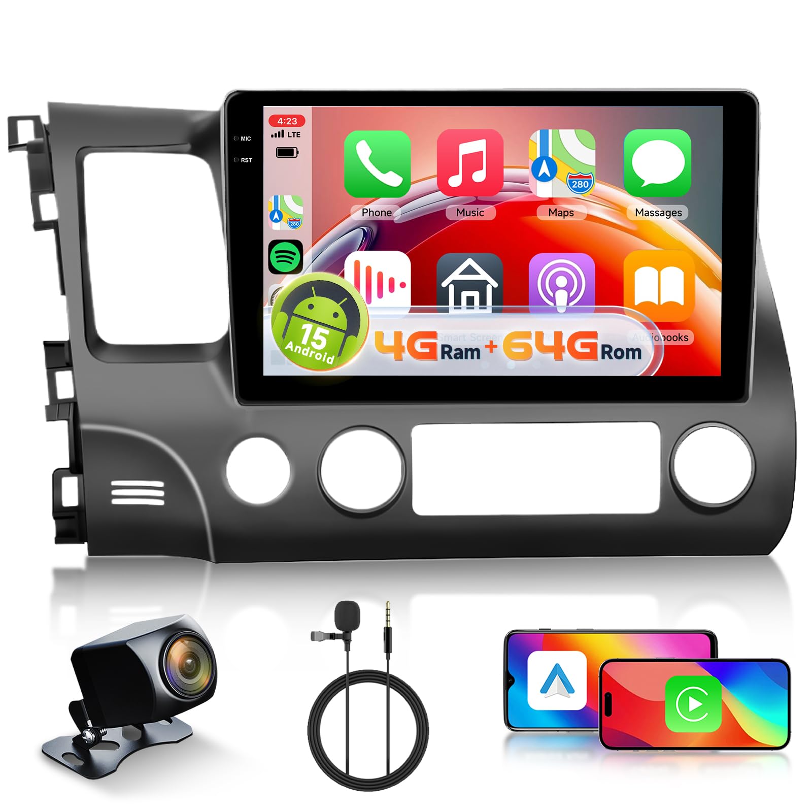 Photo 1 of [4+64G] Android 15 Car Radio Stereo for Honda Civic 2006-2011 with Wireless CarPlay & Android Auto, 10.1 Inch in-Cell Screen Car Auido with AHD Backup Camera GPS WiFi FM RDS Radio EQ SWC