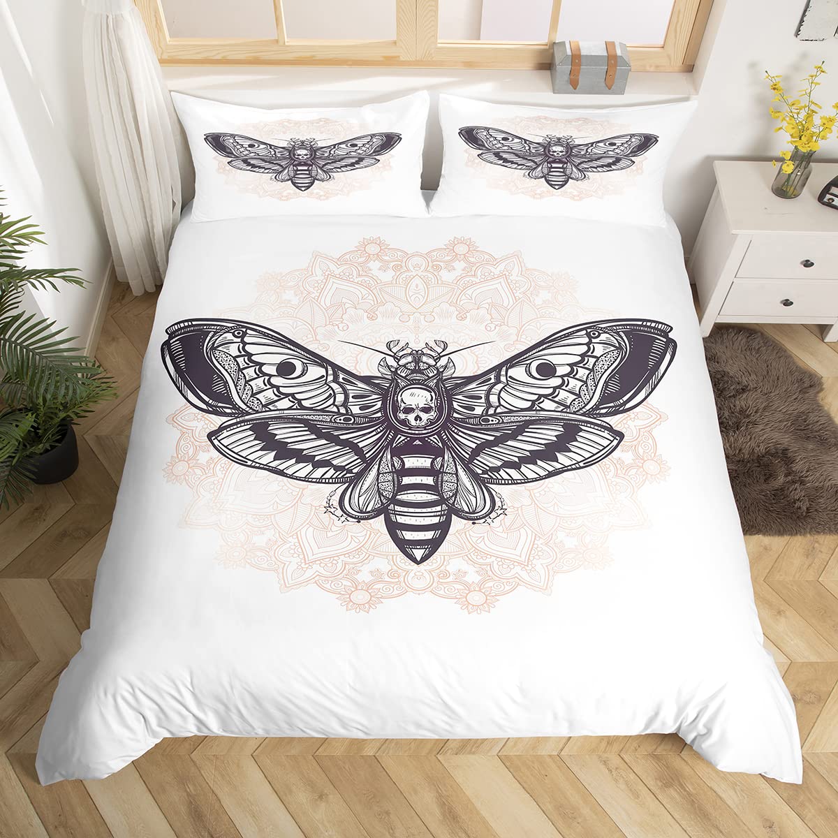 Moth Skull Duvet Cover Set Skull Bedding Dead Moth Skull Floral Illustration, Decor 3PieceBedding Set with 2 Pillow Shams, Super King Comforter Cover, Black White, Fantasy Pensonalized , Zipper
