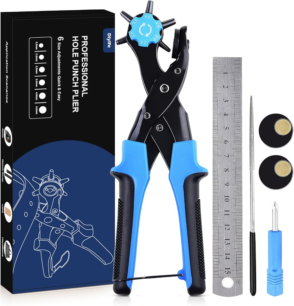 Diyife Leather Hole Punch Upgraded Set Belt Puncher 6 hole sizes 2-4.5mm Blue
