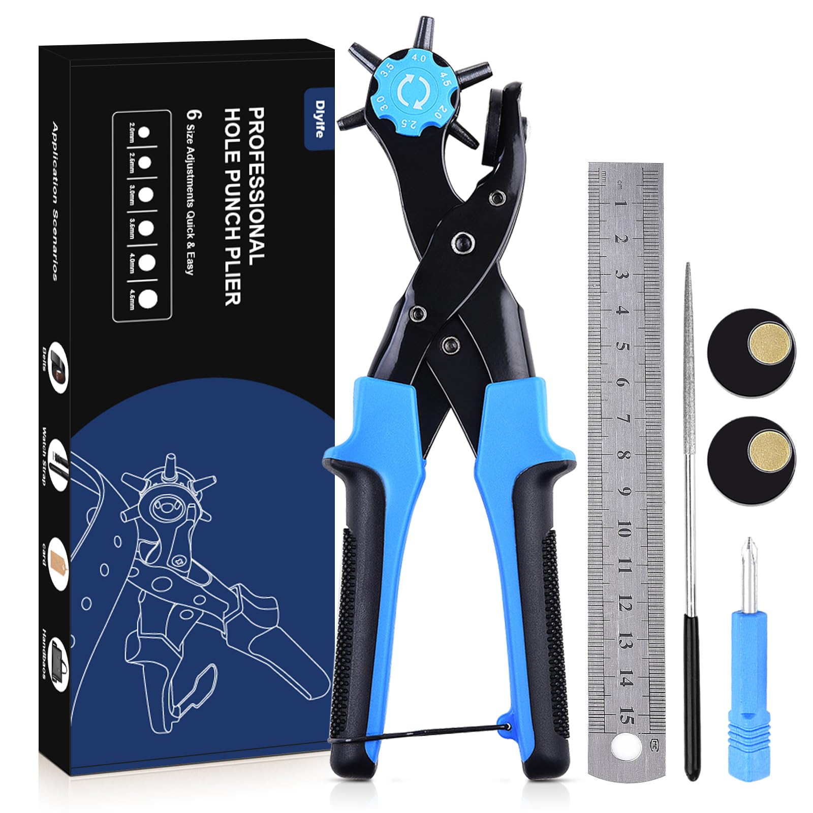 Leather Hole Punch, [Upgraded Version][Perfect Full Set] Diyife Belt Puncher, Heavy Duty Revolving Plier Tool with 2 Extra Plates and Ruler, Multi Sized for Crafts, Card, Rubber, etc, Blue