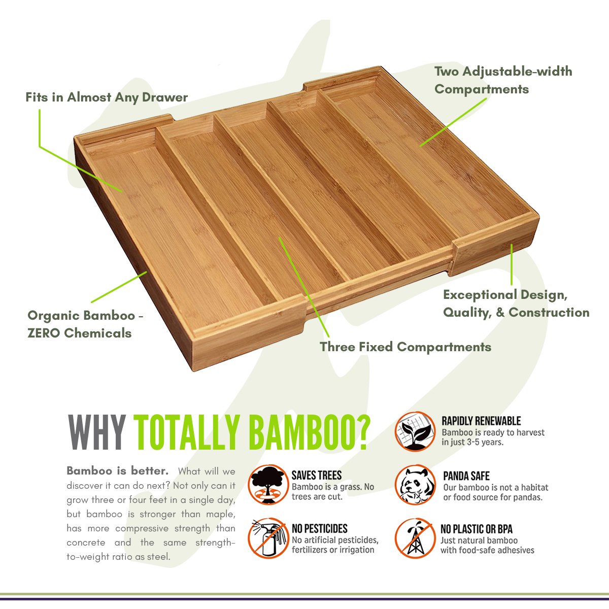 Totally Bamboo Expandable 5 Compartment Drawer Organizer Expands