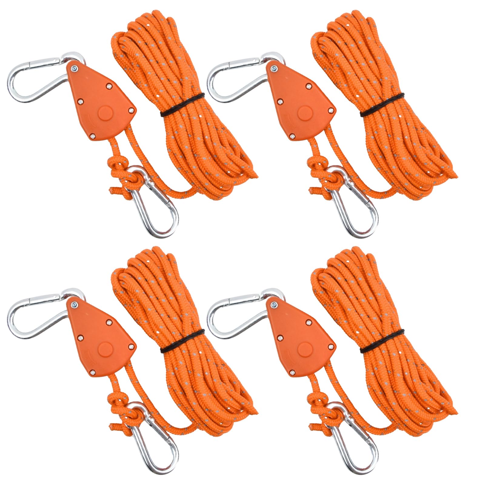 4 Pack Tent Guy Ropes Heavy Duty, 6mm Camping Cord Rope Reflective, Awning Guide Ropes 5M, Rope Ratchet Adjustable with Pulley, with Aluminum Tensioner for Hiking Caravan Outdoor (Orange, 6mm)