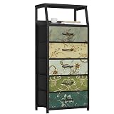 Furnulem Retro 5 Drawers Dresser, Tall Dressers for Bedroom, Closet, Hallway, Nursery, Fabric Storage Tower Organizer, Vertical Nightstand Side Table Furniture, Steel Frame, Wood Top