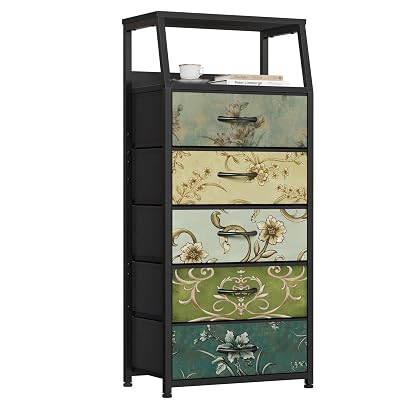 Furnulem Retro 5 Drawers Dresser, Tall Dressers for Bedroom, Closet, Hallway, Nursery, Fabric Storage Tower Organizer, Vertical Nightstand Side Table Furniture, Steel Frame, Wood Top