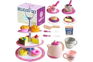 Hummigoo Tea Party Set for Little Girls, Pretend Tea Set and Dessert Food for Kids Age 3 4 5 6 7 8 9, Kids Kitchen Pretend Play Tea Set for Girls Princess Boys