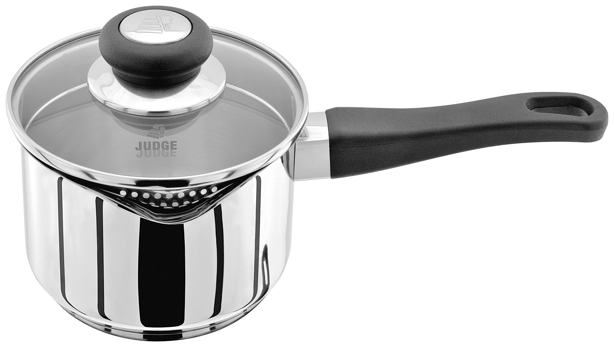 Judge Vista Draining Medium Stainless Steel Saucepan with Pouring Lip 14cm 1L, Shatterproof Glass Strain & Pour Lid, Induction Ready, Oven Safe, 25 Year Guaranteed