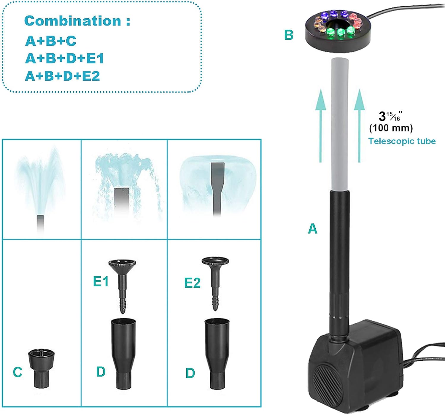 Water Fountain Pump 140GPH with 3 Sprinkler Heads Outdoor Submersible Birdbath Pump (15W; 4 Colors Light Ring, Telescopic Tube): Home Improvement