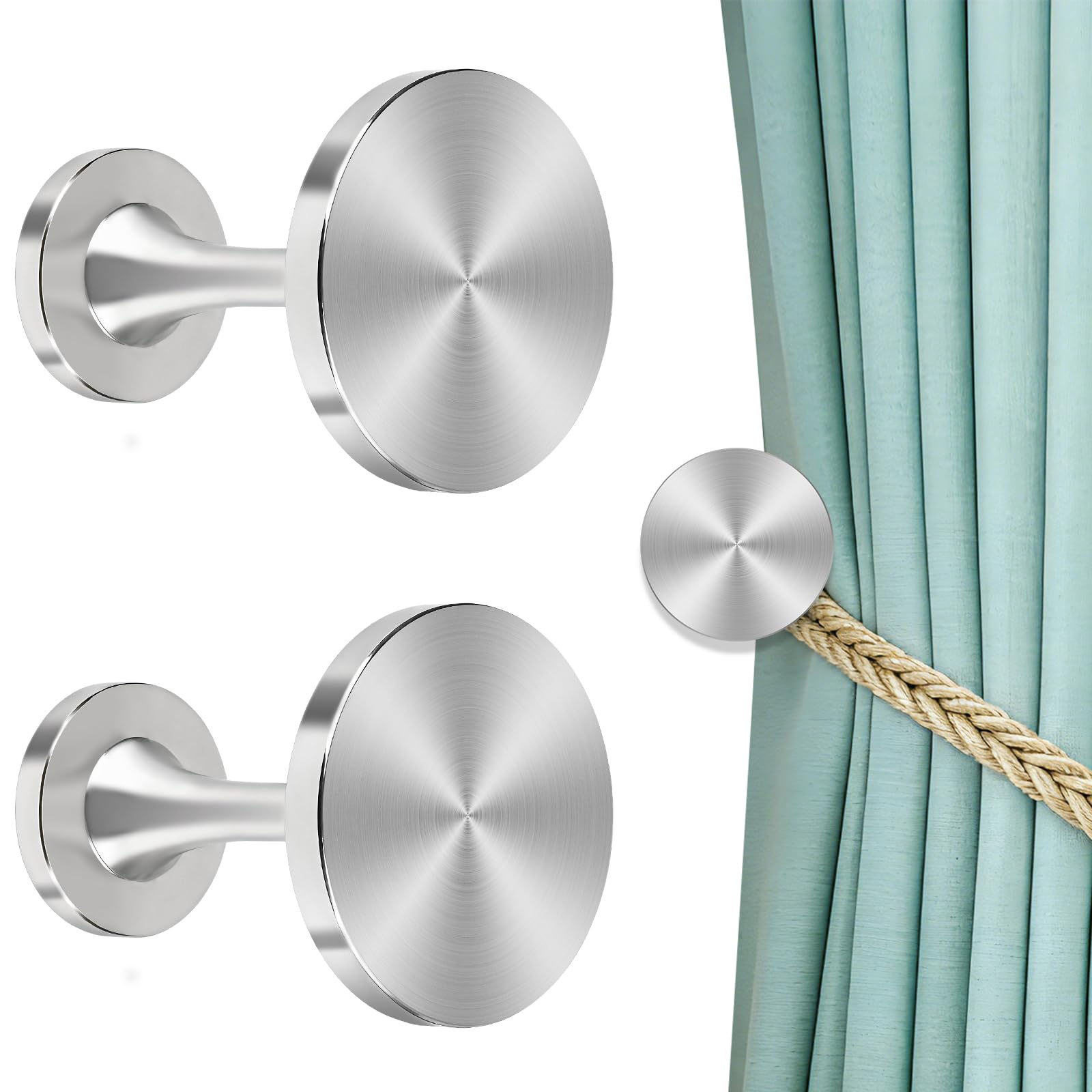 KOLAKO Curtain Holdbacks, Silver Curtain Tie Back Hooks, Metal Wall Mounted Modern Decorative Tiebacks Hanger Round Medallion Drapery Small Curtain Hold Backs Pair, Set of 2