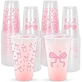 FYSUIMU 50Pcs Pink Bow Plastic Cups 16Oz Cute Coquette Bowknot Disposable Drinking Cup for Wedding Birthday Bridal Shower Bachelorette Party Supplies, 2 Styles