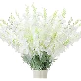 Thiccywoov 50 Pcs Delphinium Artificial Flower 35.4'' Long Larkspur Stem Silk Fake Faux Flowers Bulk for Tall Vase Floral Arrangements Home Centerpiece Table Wedding Decor (White)