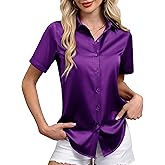 siliteelon Satin Button Down Shirts for Women Short Sleeve Silk Blouse V Neck Work Office Blouse Dressy Elegant Top