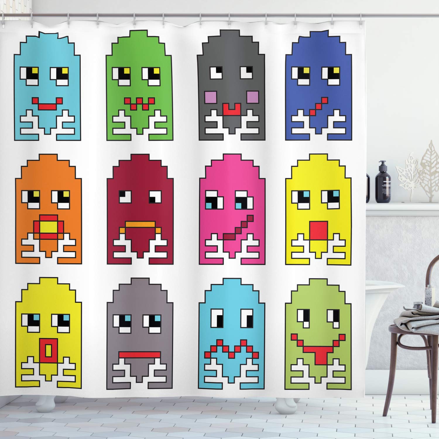 ABAKUHAUS 90s Shower Curtain, 90's Vintage Video Games Style Cartoon Showing Vary Emotions with Stroke Art Print, Cloth Fabric Bathroom Decor Set with Hooks, 175 x 180 cm, Green Yellow — image 1