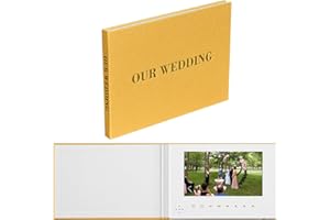 JTRF EclatView Books–Gold Linen Cover Video Greeting Card, Foil Stamped Letters "OUR WEDDING", 7-Inch HD Screen, Suitable for Weddings, Anniversaries, Wedding Gifts, with White Gift Box Packaging