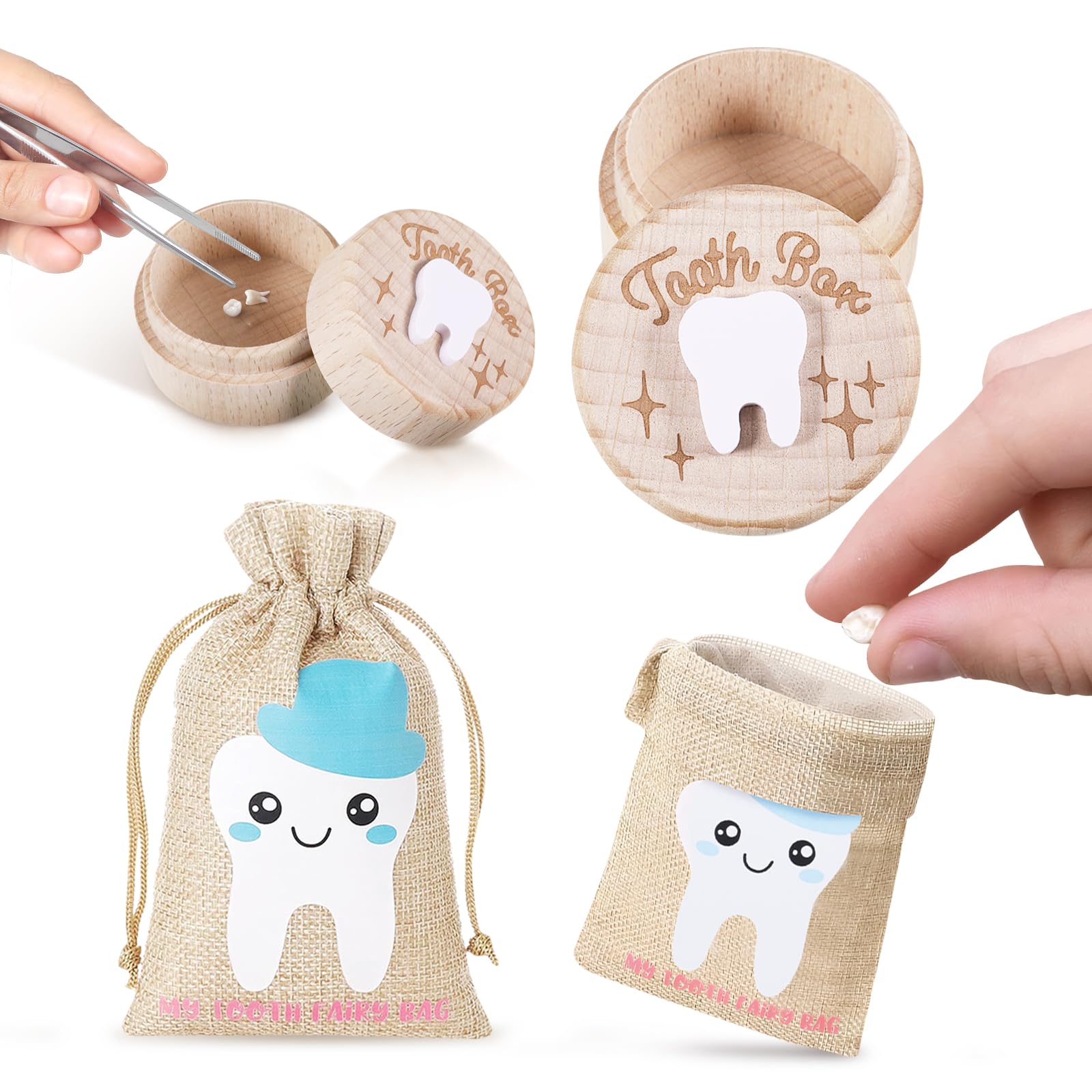 SIWOKJJO Tooth Box Keepsake, Tooth Fairy Bag for Girls, Girl Keepsake Organizer, Lost Teeth Holder Box, Cute Wooden Keepsake