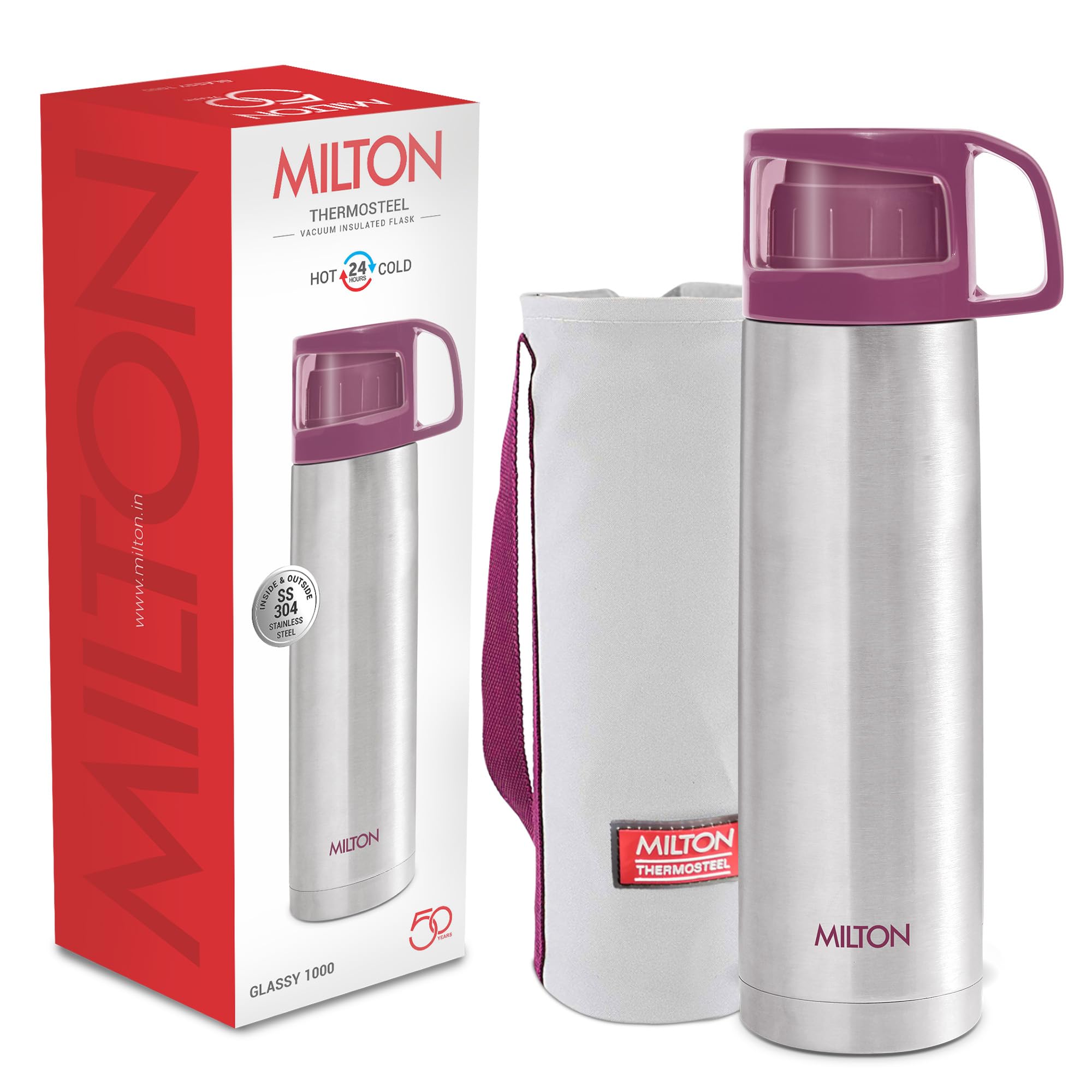 Milton insulated water bottle 1 litre (34 oz) of stainless steel with cup & Cover, Double walled vacuum thermal flasks for hot drinks, Leakproof, for travel, sports, camping, hiking, Glassy-1000 Pink