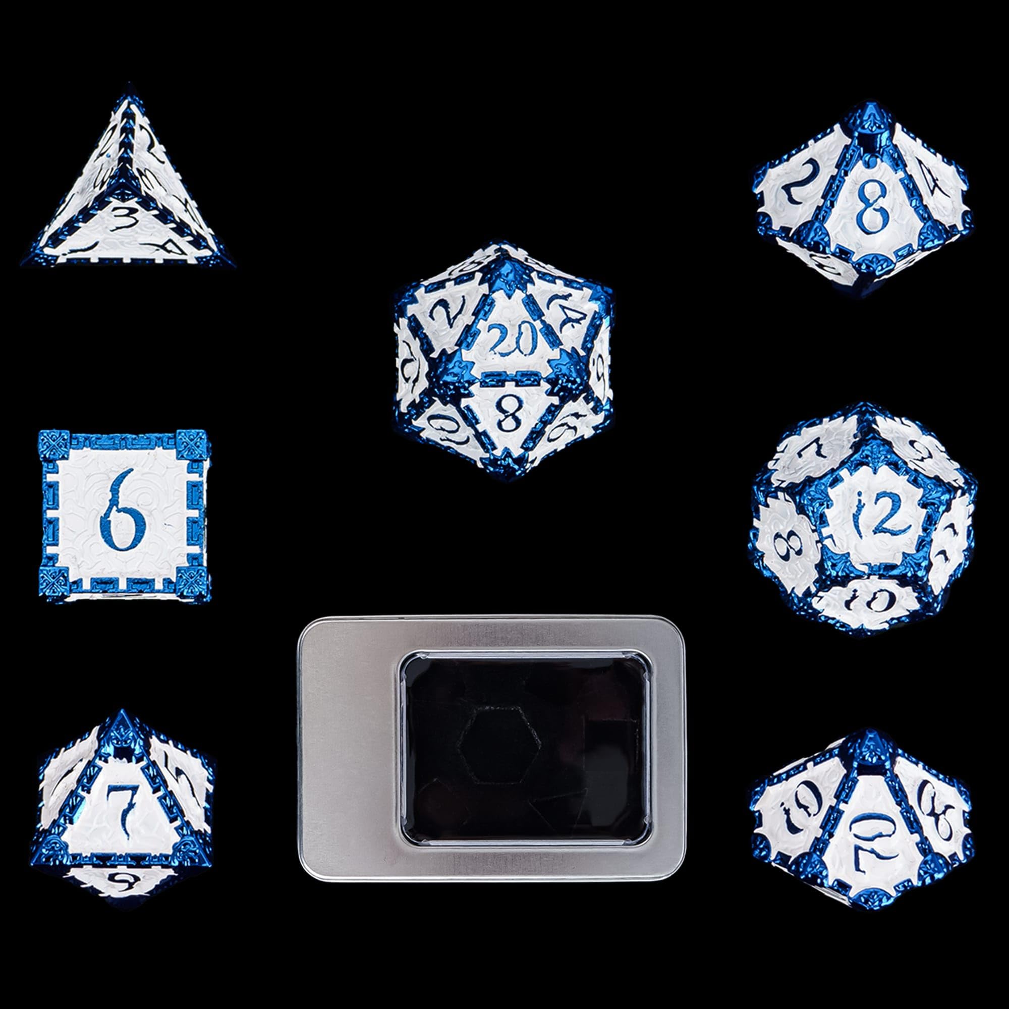 Cusdie Metal Dice Set, 7-Piece DND Dice, Dagger Design, Blue & White — image 1
