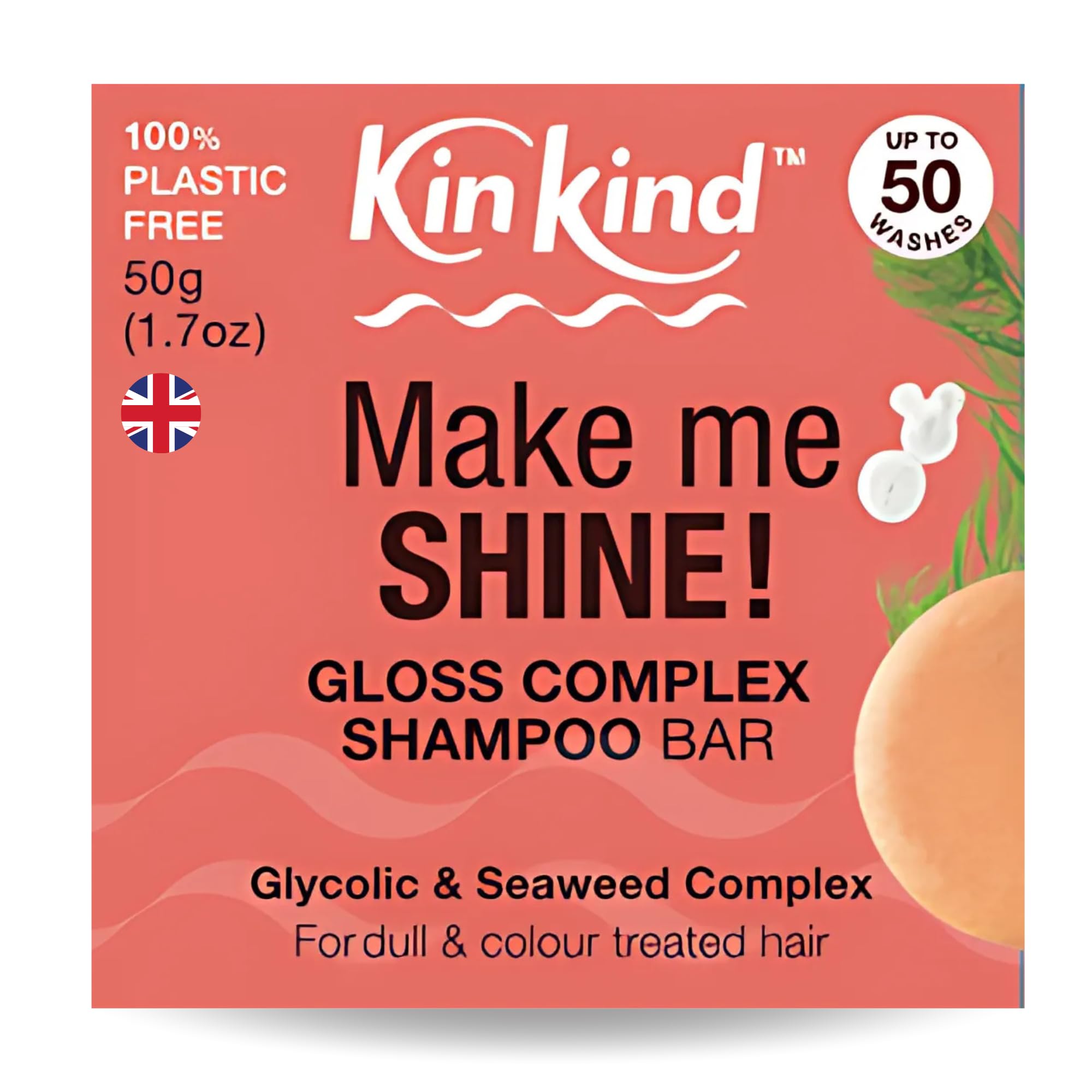 KinKind Hair Gloss Shampoo Bar. Make me SHINE! Glycolic Acid & Seaweed Shampoo for Coloured & Dull Hair. The ONLY Glycolic Gloss shampoo and conditioner bars for hair UK Made. Vegan. Up to 50 Washes