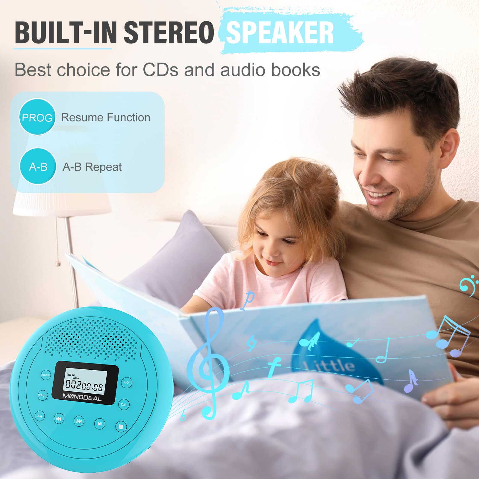 CD Player Portable | Speaker Built-in Rechargeable CD Player for Car and Home, Kids, Anti-Skip Player with Headphones(Cyan-Blue)