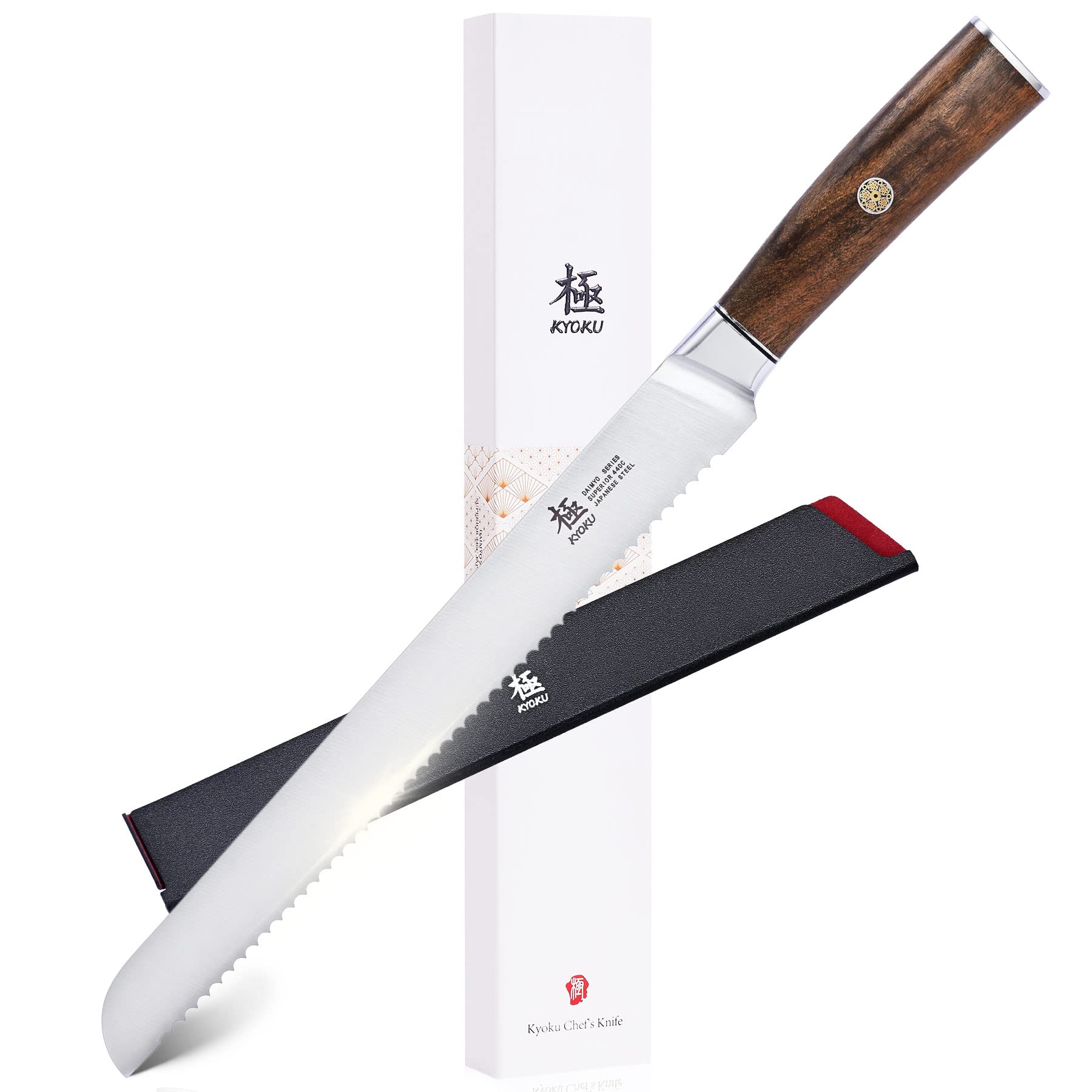 KYOKU 10 Inch Bread Knife - Daimyo Series - Serrated Knife with Ergonomic Rosewood Handle, and Mosaic Pin - Japanese Style 440C Stainless Steel Bread Cutter with Sheath and Case Image