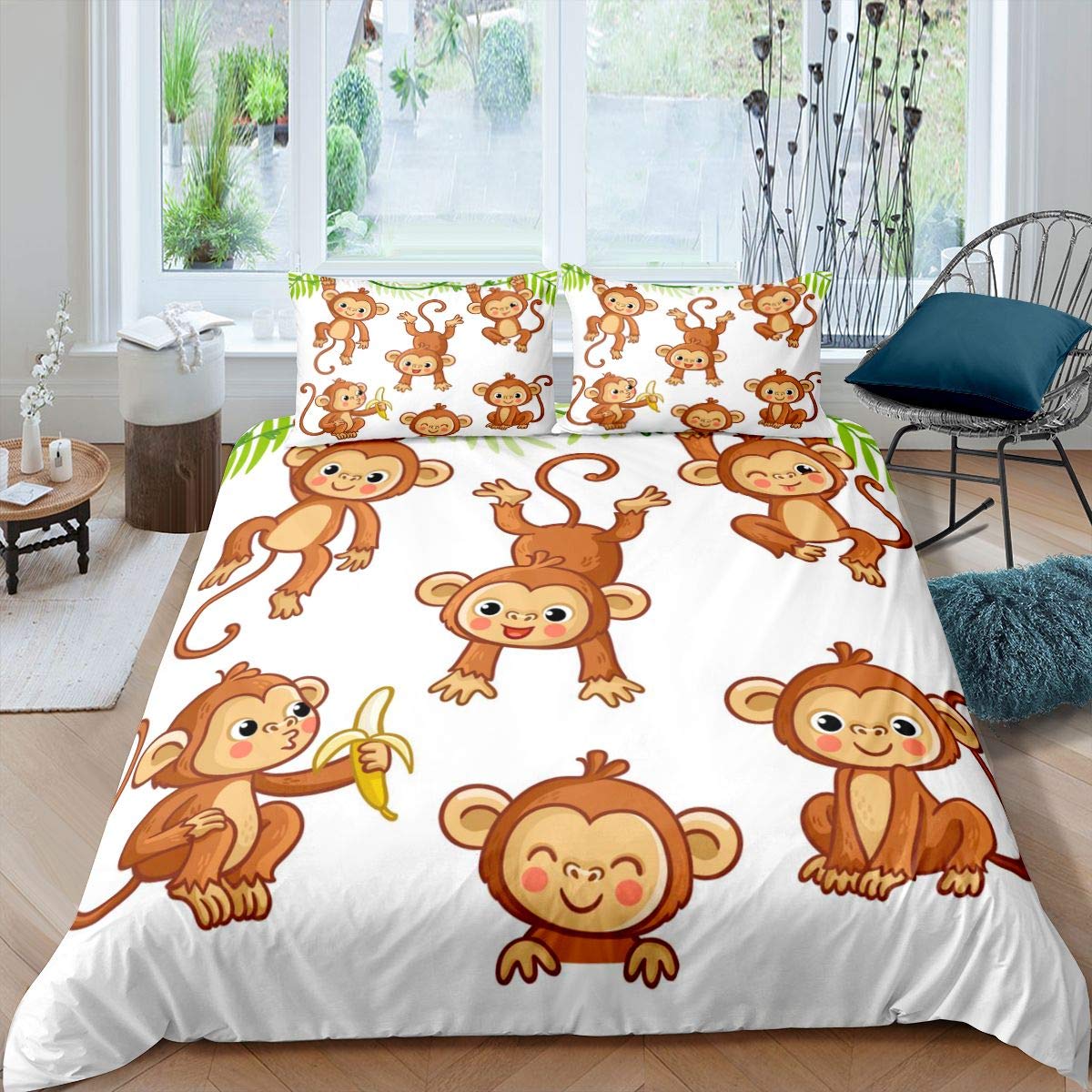 Kids Cute Monkeys Bedding Set Cartoon Monkey Banana Decor Duvet Cover for Kids Boys Girls Wild Animal Pattern Comforter Cover Natural Wildlife Bedspread Bedroom 3Pcs Double Size
