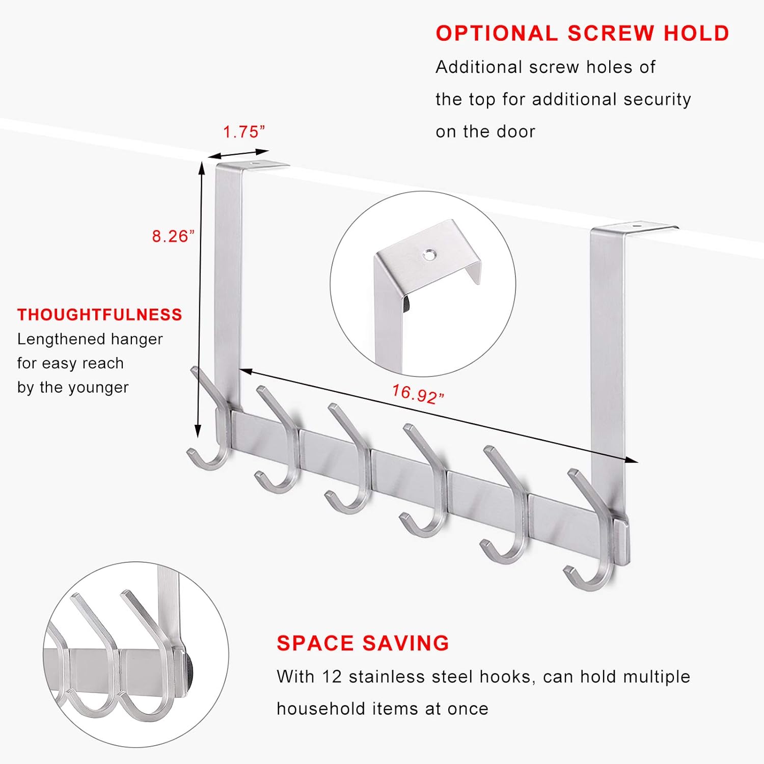 YUMORE Over The Door Hook, Stainless Steel Heavy Duty Door Hanger for Coats Robes Hats Clothes Towels, Hanging Towel Rack Organizer, Easy Install Space Saving Bathroom Hooks: Home & Kitchen