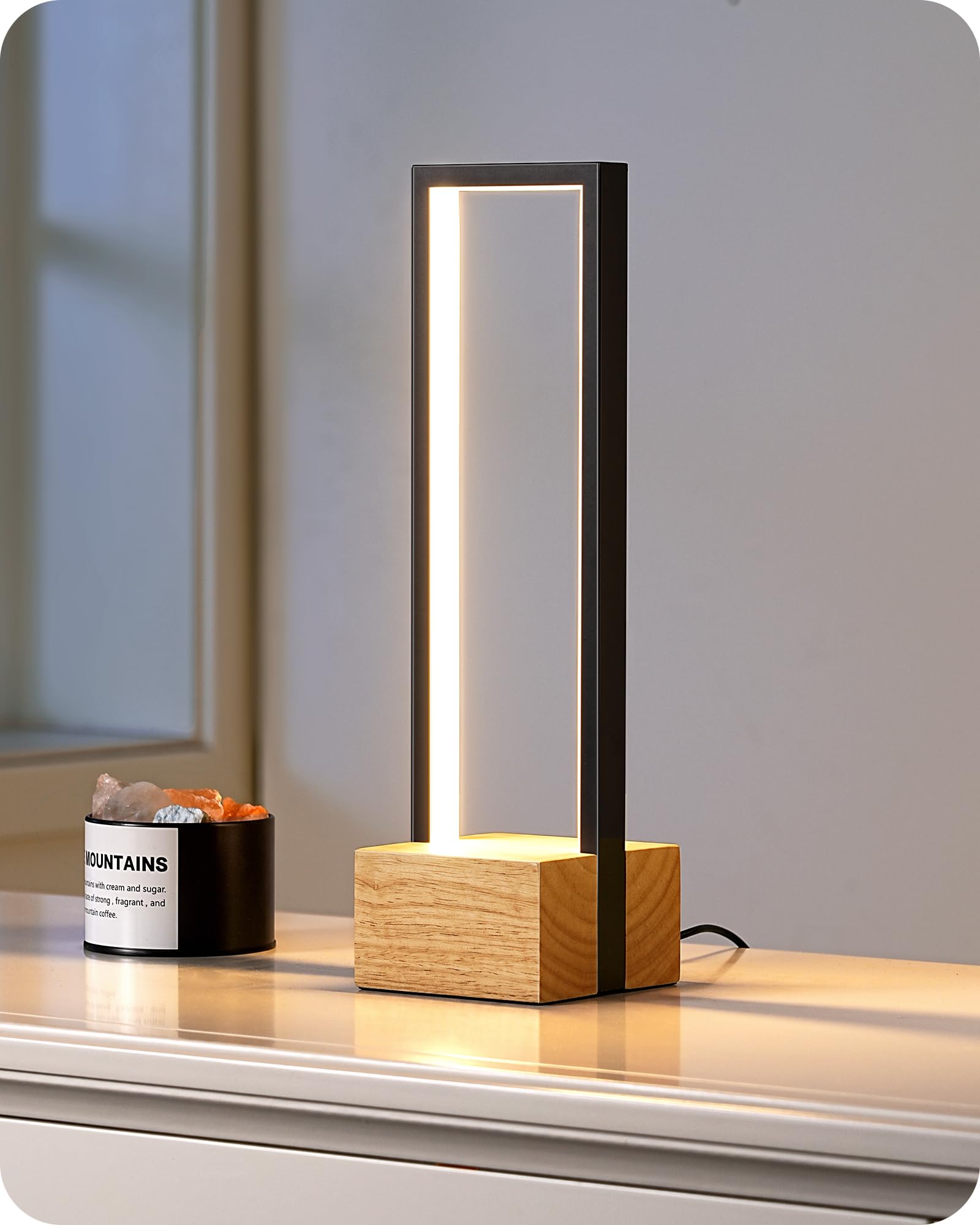 Photo 1 of EDISHINE Modern Table Lamp, Dimmable LED Bedside Lamp with 3 Color Temps 3000K 4500K 6000K, Black Square Aluminum Frame, Complete Wooden Base, Nightstand Lamp for Bedroom