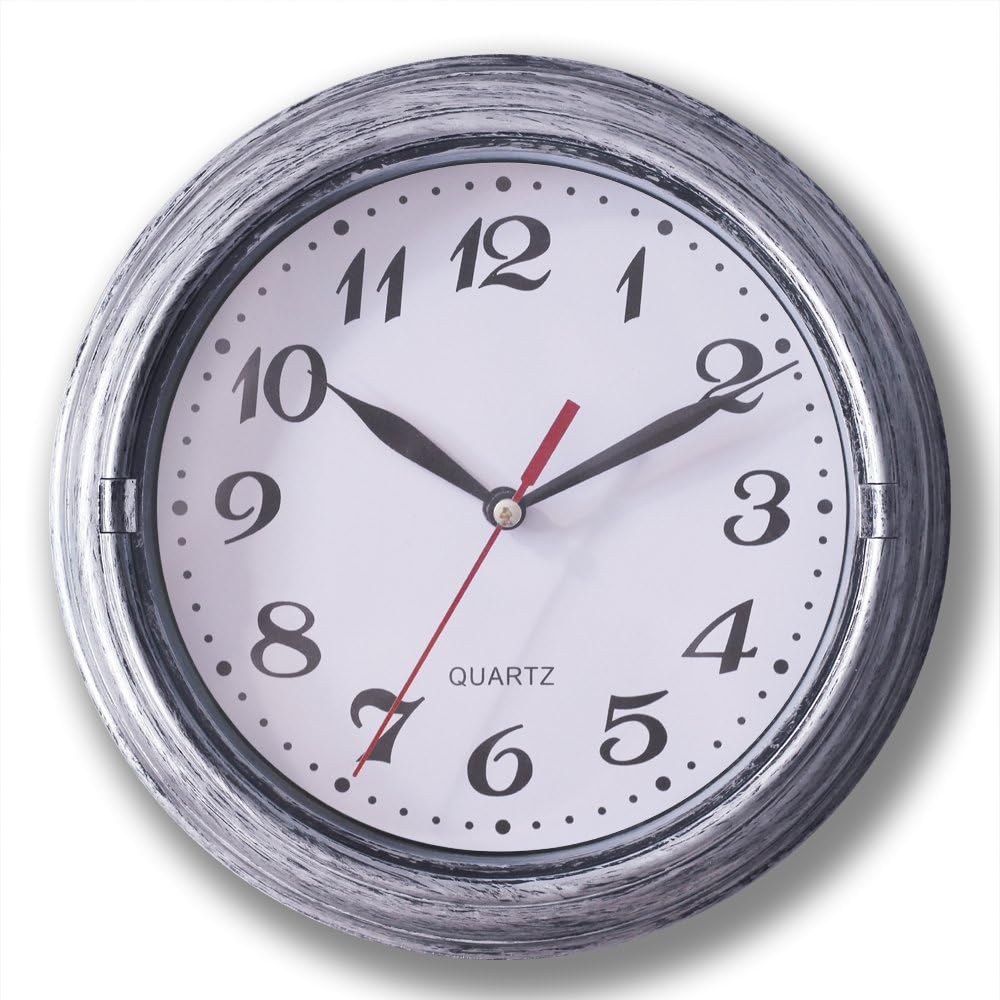 Decorative Silent Wall Clock Non-Ticking 8 Inches Quartz Battery Operated Decor Wall Clock Vintage Silver Metalic Looking Large Number Easy to Ready for Home School Hotel Office (Silver): Kitchen & Dining