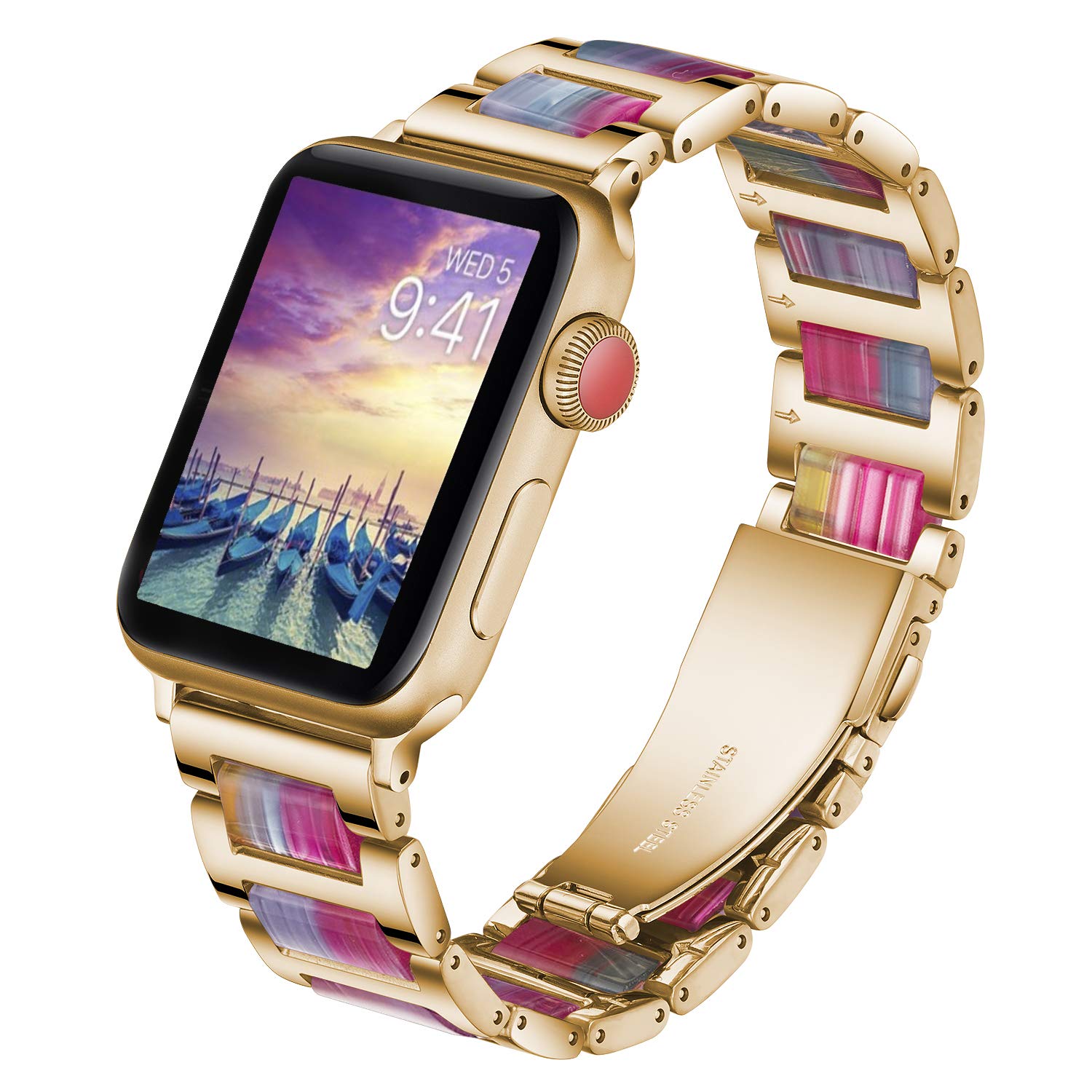 Caunedy Compatible with Apple Watch Strap 38MM/40MM/42MM/44MM,Solid Stainless Steel Metal Wristband Replacement for Series 5/4/3/2/1,Colourful Resin Bracelet Strap (38/40mm, Gold&RainbowⅡ)