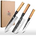Ink Plums 3 Pieces Kitchen Knife Set, Chef Knife, Usuba Knife, Paring knife, High Carbon Stainless Steel With Professional Hand Forged (Olivewood Handle & Gift Box)