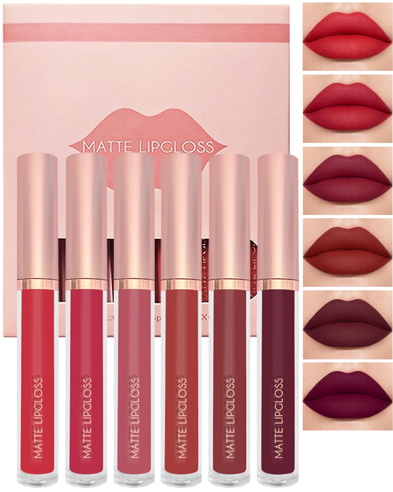 Matte Liquid Lipstick Set-6Pcs Dark Ruby Red Berry Plum Velvet High Pigmented Lip Tint Stain, Long Lasting Waterproof Non-stick Lip Gloss Lipstick for Women, Mother’s Day Makeup Gift-Set B