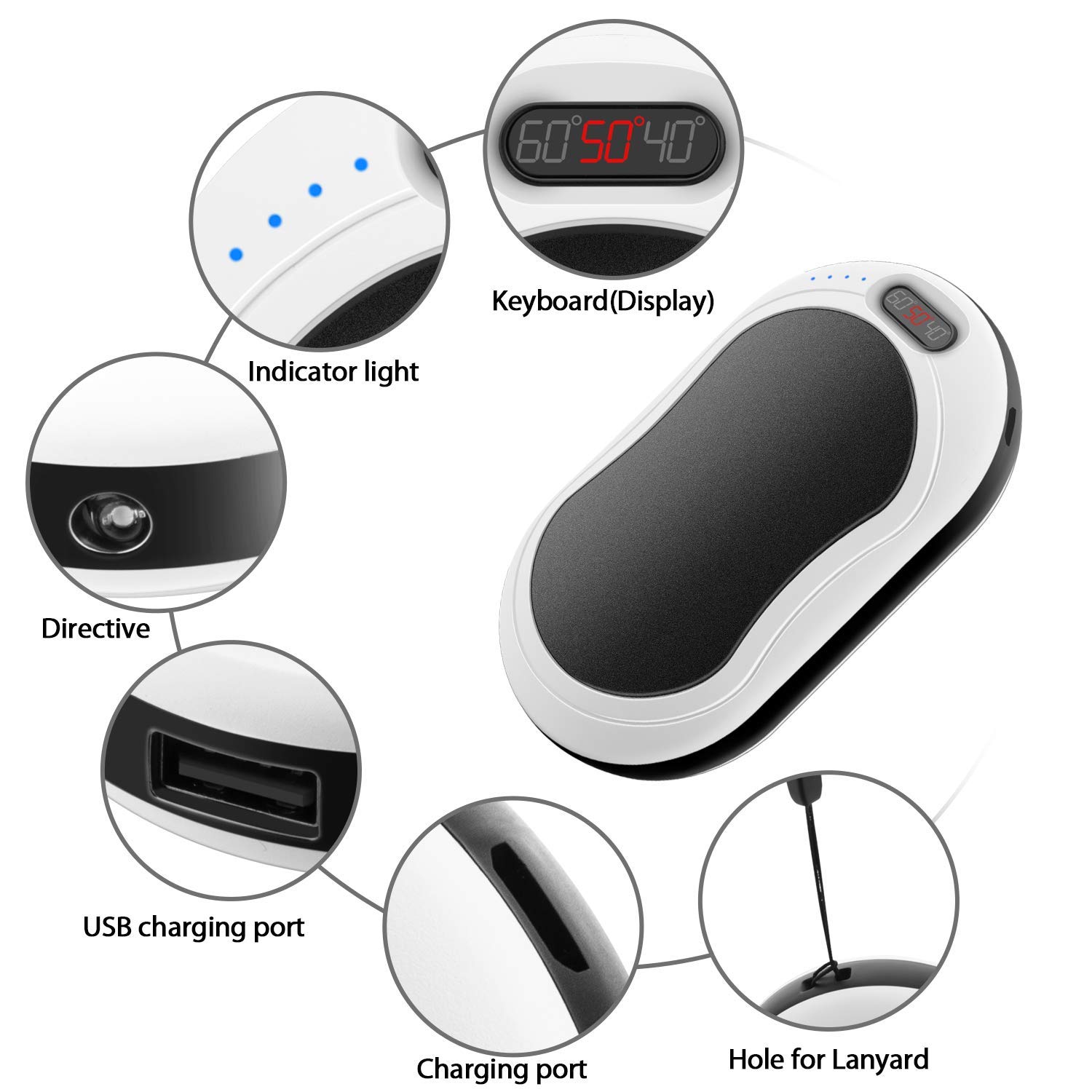 FXQ Electric Hand Warmer, 3 in 1 USB Rechargeable Hand Warmer 6000mAh Power Bank Hand Warmer with Vibration Massage, LED Flashlight and Visible LCD Play, Great for Outdoor Sport, Winter Gifts- Black