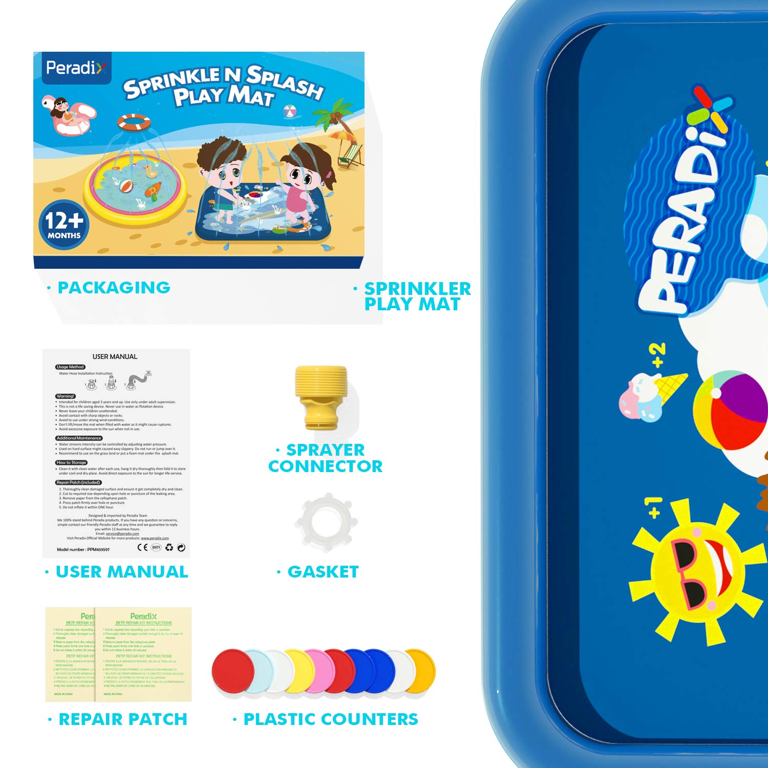 Peradix Splash Pad,Sprinkler Play Matte,170cm Sommer Garten Wasserspielzeug Kinder Baby Pool Pad Spritzen für Outdoor Familie Aktivitäten/Party/Strand/Garten/Kinder, Hund und Haustiere