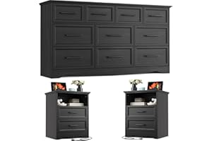 Harpaq Bedroom Set, 3 Pieces Bedroom Furniture Set, Wood 10 Drawer Dresser and Nightstands with Charging Station, Farmhouse Storage Organizer Cabinet for Bedroom, Black