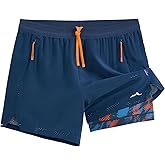 maamgic Mens 2 in 1 Running Shorts 5" Gym Workout Shorts with Zipper Pockets