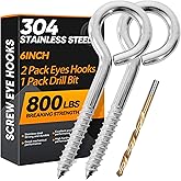2Pcs 6 Inch Heavy Duty Screw Eyes Hooks, 304 Stainless Steel Self Tapping Eyelet Screw Eye Bolts,800LBS Breaking Strength, Screw in Eye Hooks for Wood Securing Cables Wire. (2, M10-6 Inch)