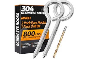 YAIRMIS 2Pcs 6 Inch Heavy Duty Screw Eyes Hooks, 304 Stainless Steel Self Tapping Eyelet Screw Eye Bolts,800LBS Breaking Strength, Screw in Eye Hooks for Wood Securing Cables Wire. (2, M10-6 Inch)