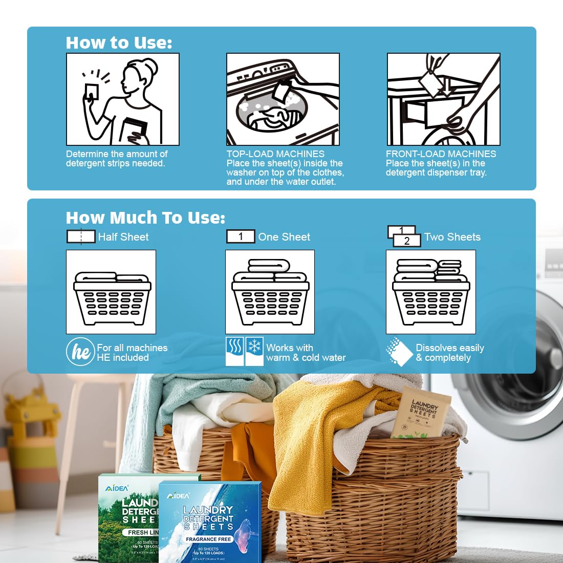 AIDEA Laundry Detergent Sheets, Washer Sheet Detergent, No Plastic Jug, Laundry Soap Sheet For Travel, Home Washing, Fresh Scent-(160 Loads) 80 Sheets