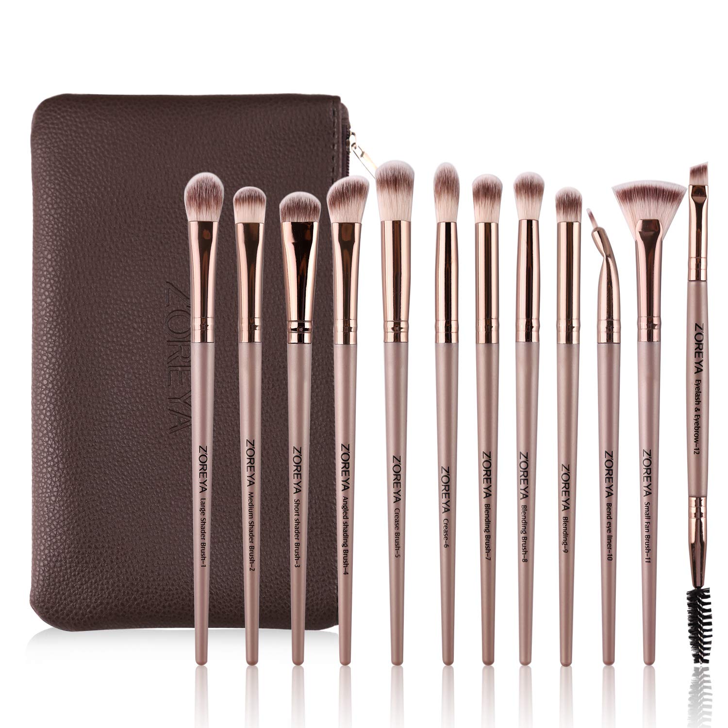 Zoreya Makeup Brushes Set, 12 Pcs Professional Eye Brush Set Eyeshadow, Eyebrow, Blending, Fan, Eyelash Brushes Set With Carrying Bag(Champagne