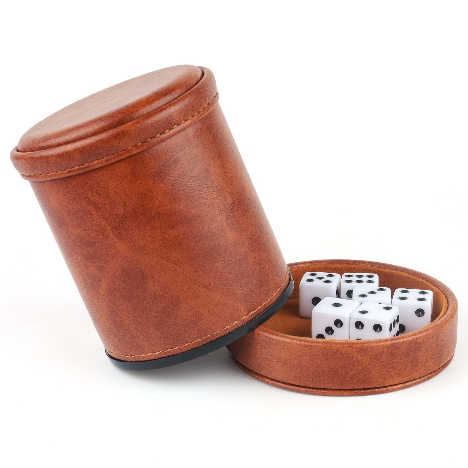RERIVER Brown PU Leather Dice Cup with Lid, Velvet Interior Quiet Dice Shaker Cup with 6 Dice for Liars Dice/Farkle/Yahtzee Games, 1 Pack