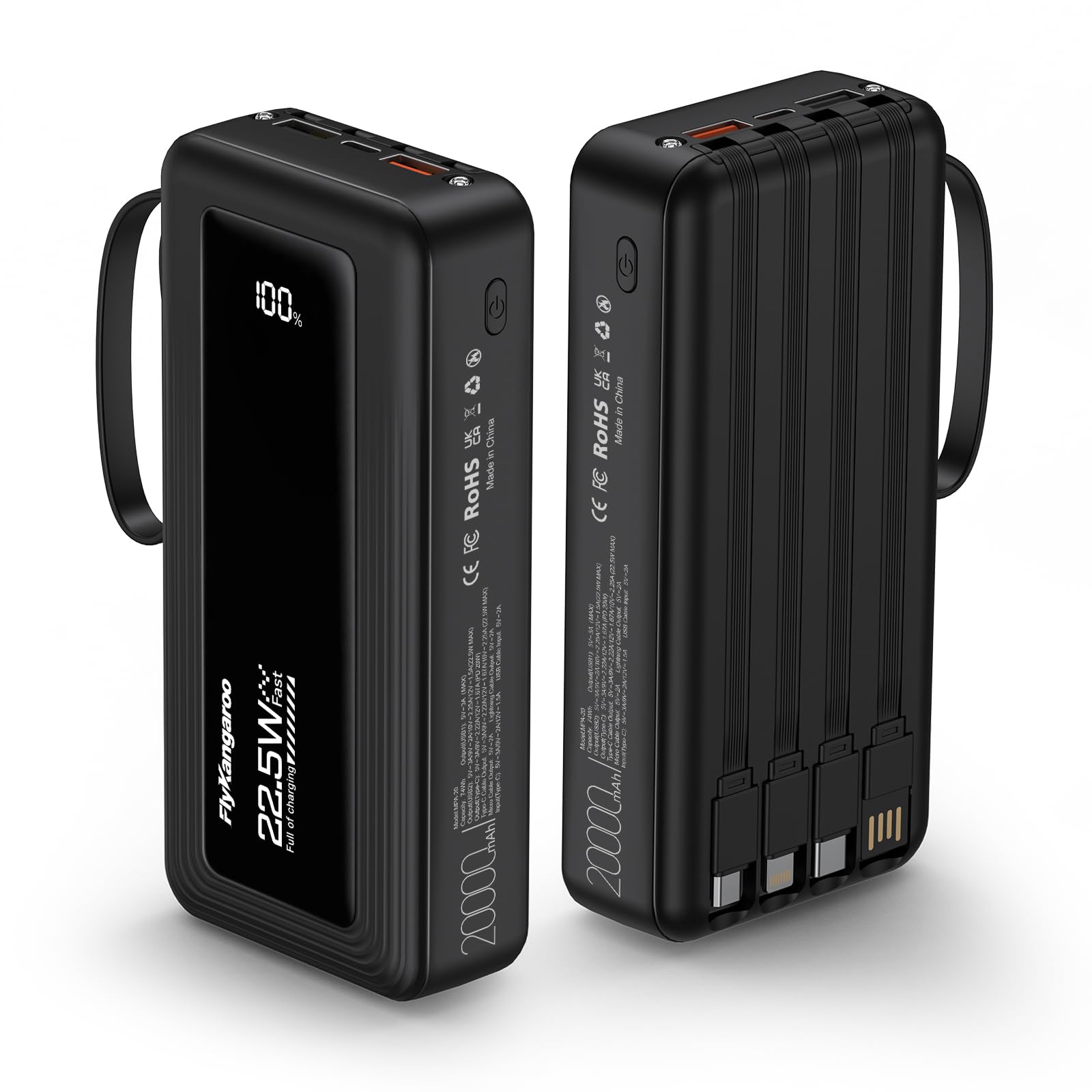 Portable Charger with Built-in Cables, 20000mAh Slim 22.5W Fast Charging Power Bank with LED Display, USB C Battery Pack 6 Outputs & 2 Inputs, Travel Essential Charger for iPhone, Samsung, Google etc